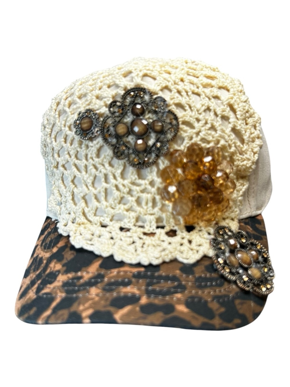 OOAK Boho Leopard Trucker Hat | Handmade Doily & Vintage Jewelry Snapback